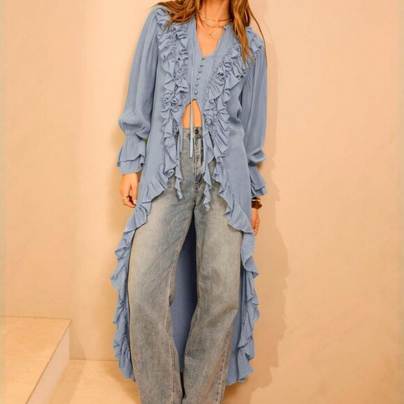 Dusty Blue Casual Women's Long Sleeve Boho Maxi Dress - Picture 8 of 10